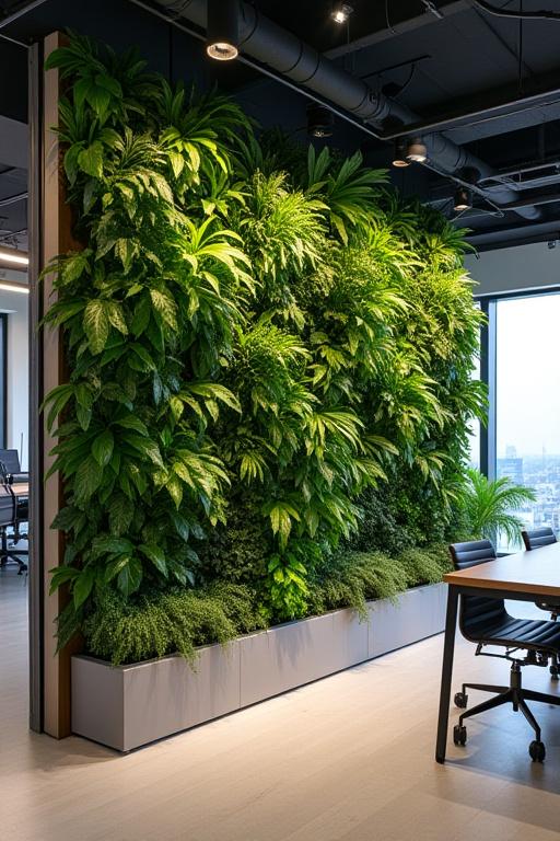En större växtinstallation i en modern kontorsmiljö.