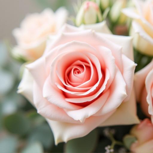 Närbild på ett skräddarsytt blomsterarrangemang med rosor och eukalyptus.