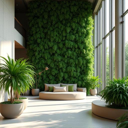 En modern inomhusmiljö med en stor, grön växtinstallation.
